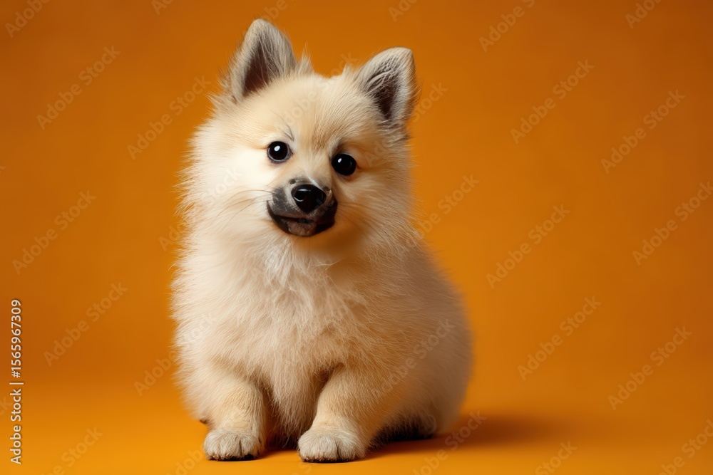 Obraz premium Adorable Fluffy Pomeranian Puppy on Vibrant Orange Background, Ideal for Pet Adoption Campaigns and Puppy Love Promotions