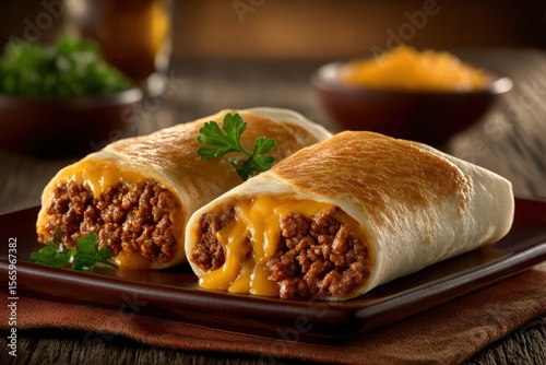 Mouthwatering cheesy beef burritos with melted cheese and seasoned ground beef on rustic wooden table
