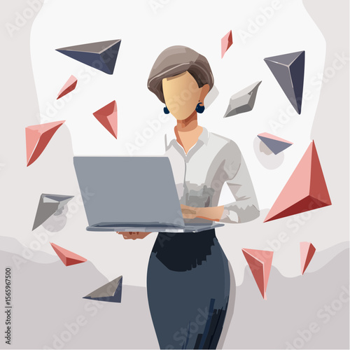 A photoreal vector collage of a faceless woman in office wear holding a laptop, surrounded by suspended triangular shards in rose and sand. Bold, clean, and stylish with paper-cut texture.