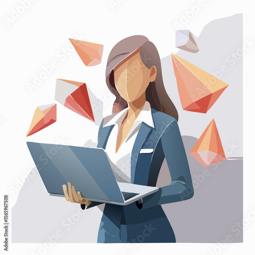 A photoreal vector collage of a faceless woman in office wear holding a laptop, surrounded by suspended triangular shards in rose and sand. Bold, clean, and stylish with paper-cut texture.
