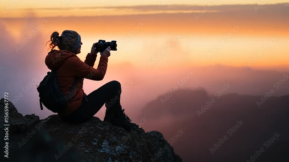 A woman sits on a rock outcrop at dusk, capturing the stunning orange sunset and mountain views with her camera. She wears a red jacket, black pants, boots and a backpack, illuminated by the warm A woman sits on a rock outcrop at dusk, capturing the stunning orange sunset and mountain views with her camera. She wears a red jacket, black pants, boots and a backpack, illuminated by the warm