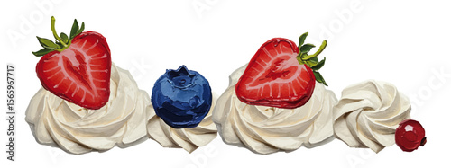 Oil painting style vector whipped cream / 油絵テイストのいちご・ブルーベリーとホイップクリーム