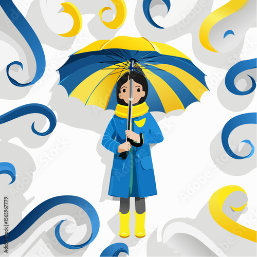 A photoreal vector collage of a faceless child in a raincoat holding an umbrella, surrounded by swirling paper-cut ribbons in yellow, blue, charcoal, and white. Playful and bright.