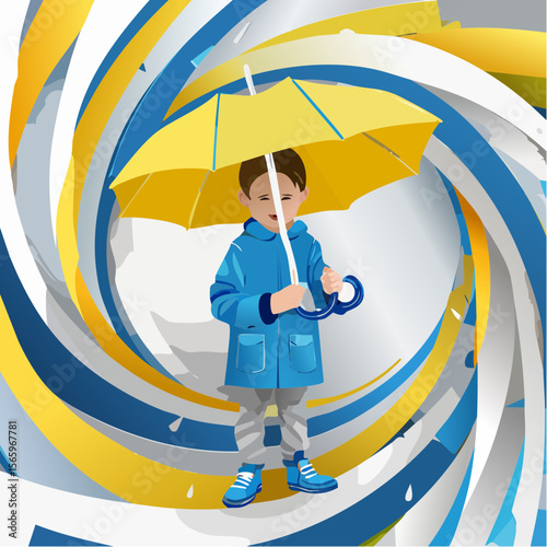 A photoreal vector collage of a faceless child in a raincoat holding an umbrella, surrounded by swirling paper-cut ribbons in yellow, blue, charcoal, and white. Playful and bright.