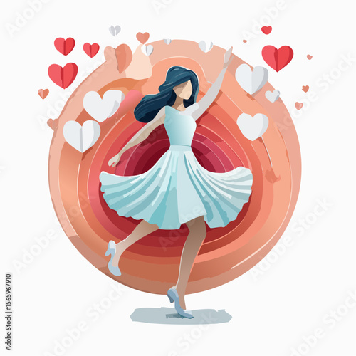 A photoreal vector collage of a faceless woman in a 1950s dress dancing among floating pastel hearts. Romantic, retro, and elegant with paper-cut textures and soft color tones.