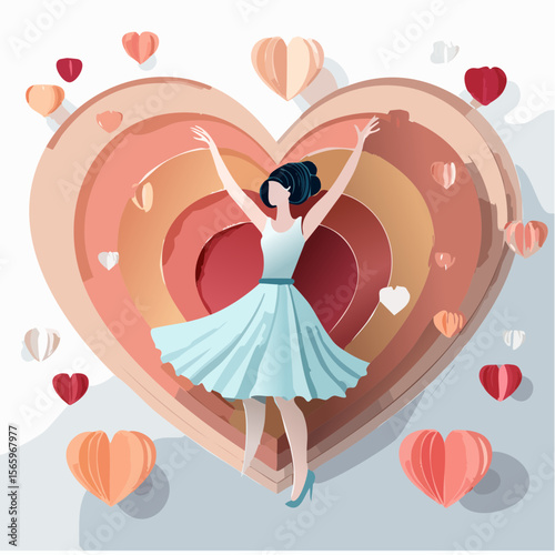 A photoreal vector collage of a faceless woman in a 1950s dress dancing among floating pastel hearts. Romantic, retro, and elegant with paper-cut textures and soft color tones.