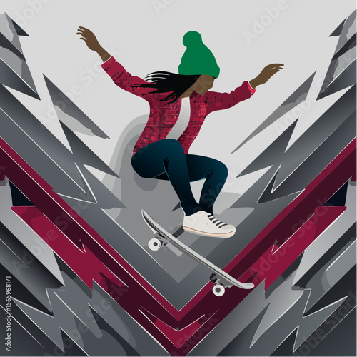 A photoreal vector collage of a faceless skateboarder in a flannel shirt leaping over jagged zigzag shapes in forest green, maroon, and black. Energetic and edgy with sharp lines.