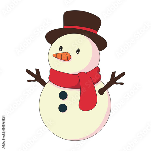 Cute Christmas snowman vector illustration with red scarf and brown hat. Perfect for holiday greeting cards, seasonal decor, winter crafts, festive invitations, kids' art projects, and joyful