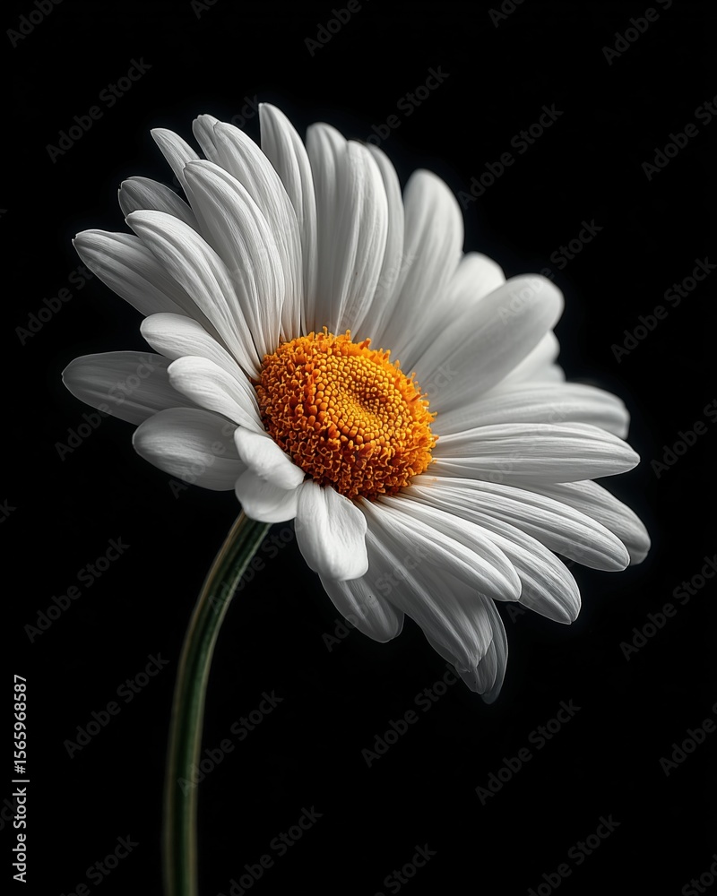 Fototapeta premium Artistic Yellow-Centered White Daisy against Dark Backdrop, High Contrast Floral Illumination, Ethereal Petal Softness