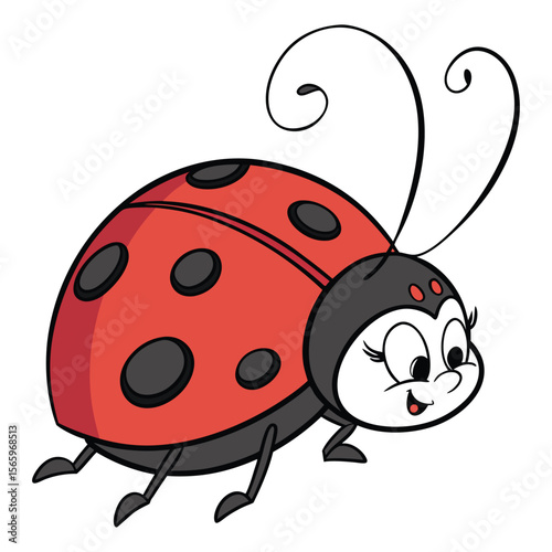 A cheerful cartoon ladybug with big eyes and black spots.