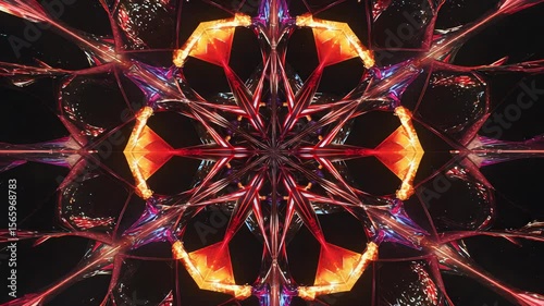 Kaleidoscopic Symmetrical Pattern with Orange and Red Rays on Dark Background