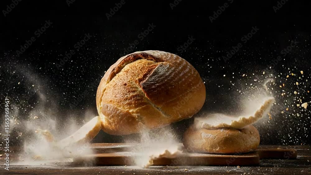 Levitating Round Bread Surrounded By Flour On A Wooden Surface With Black Background And A Second Loaf Beside It