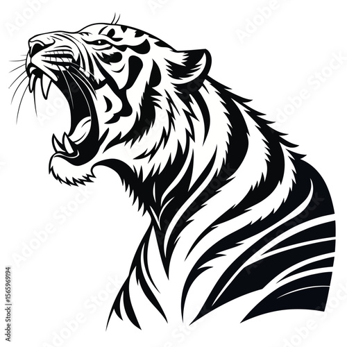 Roaring Tiger Illustration: A detailed black and white illustration showcases a roaring tiger, its powerful jaws wide open in a display of raw strength and dominance.