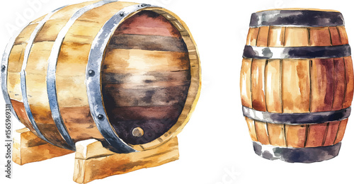 Watercolour wooden barrel set on white background. Watercolor  illustration vector