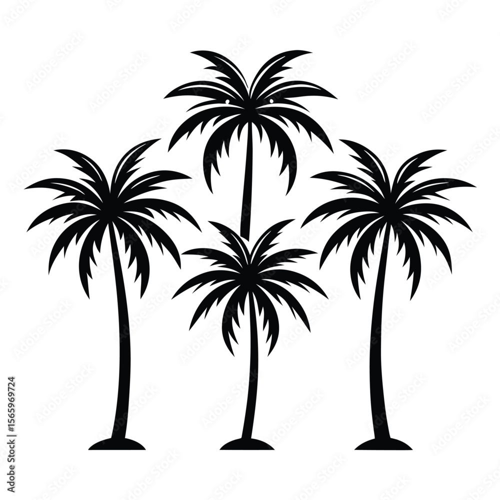 Naklejka premium Six Black and White Minimalist Palm Tree Icons Stylized Tropical Plants Simple Silhouette Graphic Design Elements Set