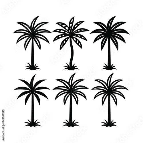 Silhouettes of tropical palm trees in a black vector design set