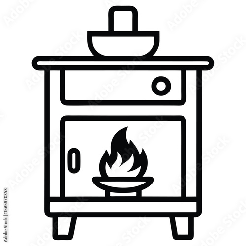 An black outline of a stove with a fire inside on white background