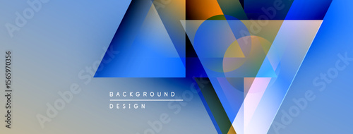 Abstract geometric shapes overlap, creating vibrant blue, orange gradients. Minimalist design with text background, design. Soft color transitions present.