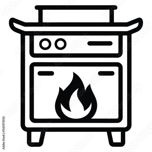 An black outline of a stove with a fire inside on white background