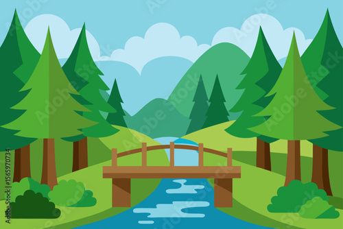 Mountain landscape with green trees, a clear sky, and a flowing river in a natural forest environment