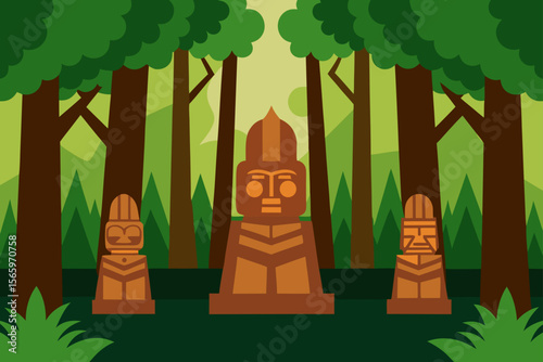 Cartoon vector illustration set featuring a Buddha statue in a temple, a wooden door, and an architectural landmark