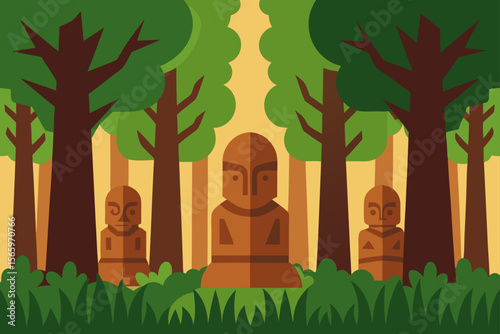 Mysterious Forest Statues Ancient Carvings in a Lush Green Setting