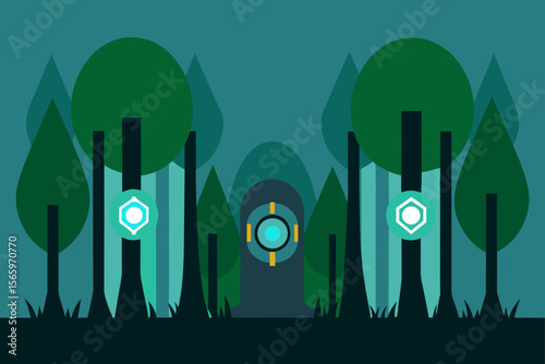 Enigmatic Portal in a Mystical Forest A Digital Art PieceAbstract vector illustration of a landscape with trees, a modern design concept symbolizing nature and technology