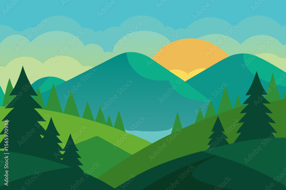 Fototapeta premium Serene Sunrise Mountain Landscape A Picturesque View of Rolling Hills and Evergreen Trees