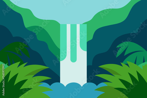Serene Waterfall in Lush Tropical Paradise A Vibrant Illustration