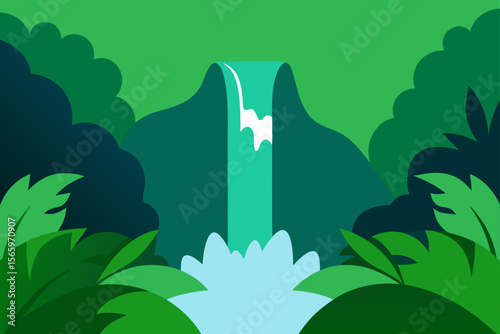 Serene Waterfall in Lush Green Jungle A Tropical Paradise Illustration