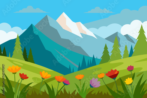 Majestic Mountain Landscape with Blooming Wildflowers A Serene Springtime Vista