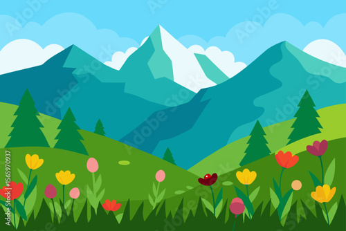Serene Mountain Landscape Vibrant Spring Flowers and Majestic Peaks