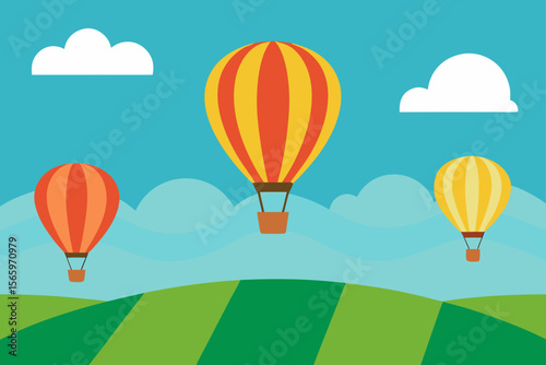 Serene Hot Air Balloon Ride Over Rolling Hills A Summer Adventure Illustration