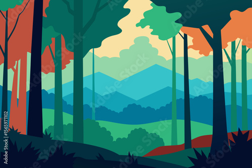 Serene Mountain Vista A Colorful Forest Landscape Illustration