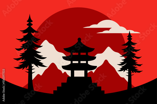 Oriental architecture illustration of a Japanese or Chinese pagoda silhouette in a winter landscape with a distant forest and sky