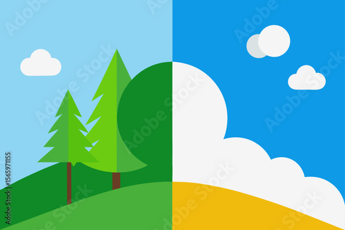 Lush summer landscape featuring rolling green hills, a vibrant sky with fluffy clouds, and a diverse forest of trees