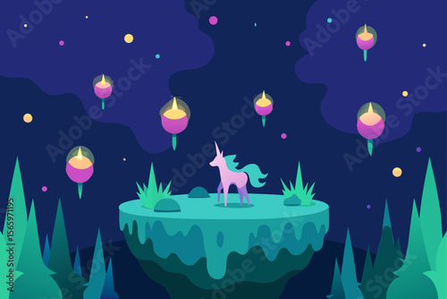 Birthday cake with candles illustration at night under a starry blue sky with a crescent moon