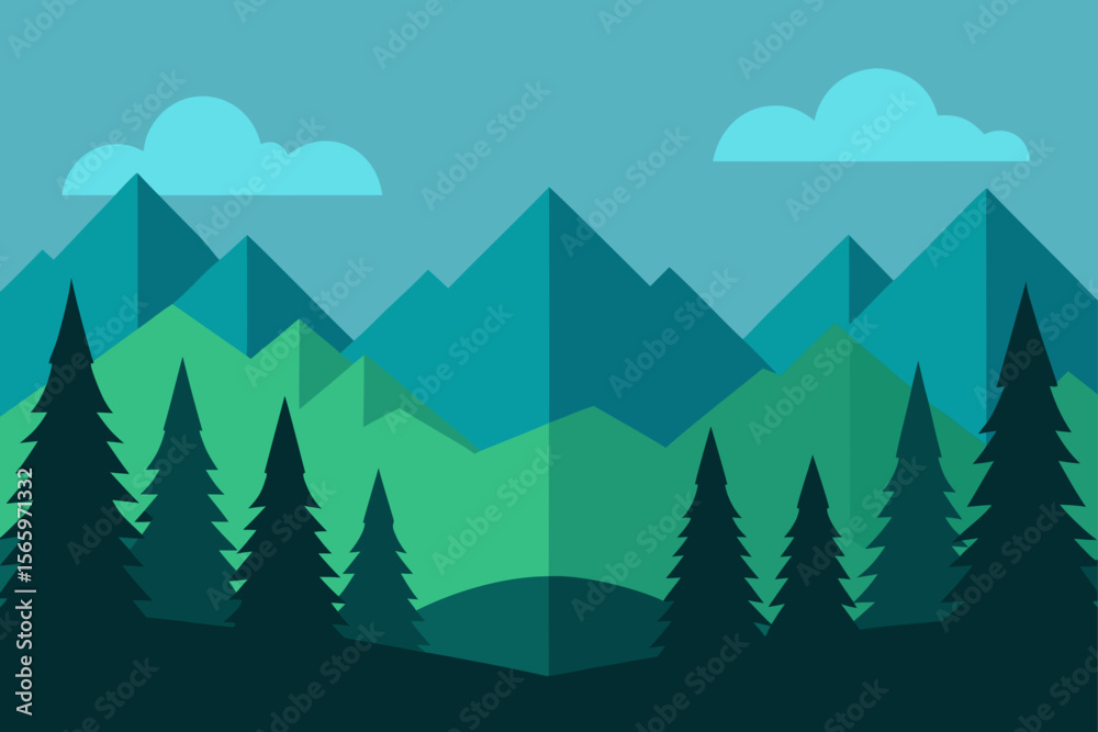 Fototapeta premium Vector illustration of a mountain forest landscape with trees, snow, and a summer sky