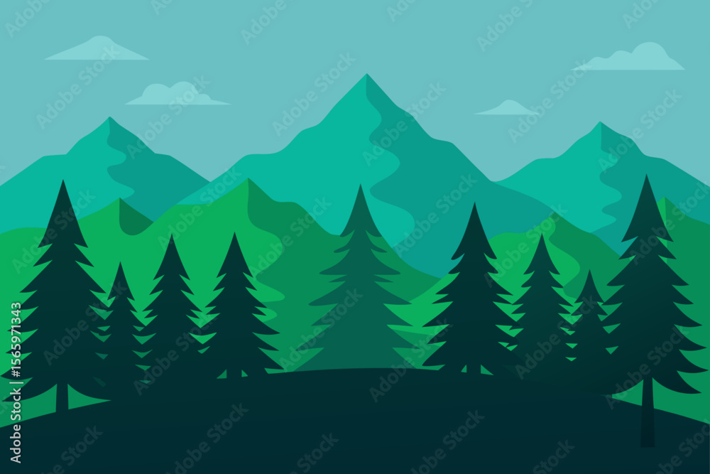 Fototapeta premium Winter forest landscape vector illustration with snow-covered fir trees and festive Christmas decorations for a cold holiday season design