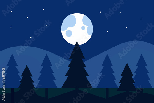 Moonlit winter landscape with snow-covered trees, perfect for a Christmas night illustration or holiday card design