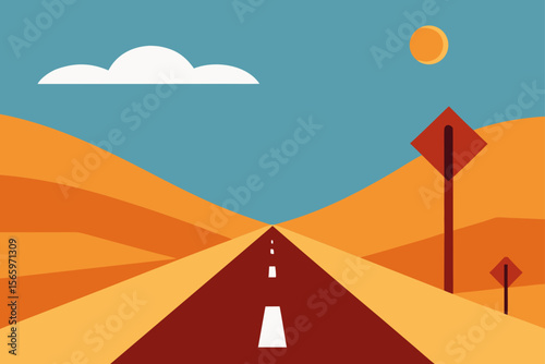 Sunset road weaving through diverse landscapes, from desert to mountain and coastal horizons, symbolizing a journey
