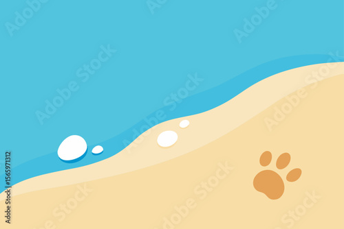 Summer travel footprints on tropical beach sand with ocean waves under sunny sky