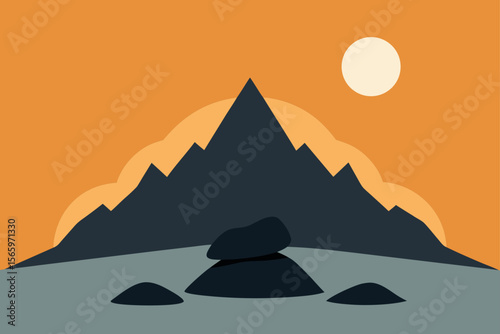 Vector illustration of an Egyptian desert mountain landscape at sunset with pyramids and a camel silhouette