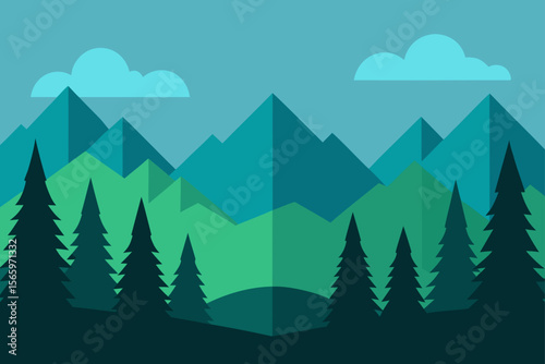 Vector illustration of a mountain forest landscape with trees, snow, and a summer sky