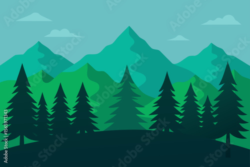 Winter forest landscape vector illustration with snow-covered fir trees and festive Christmas decorations for a cold holiday season design