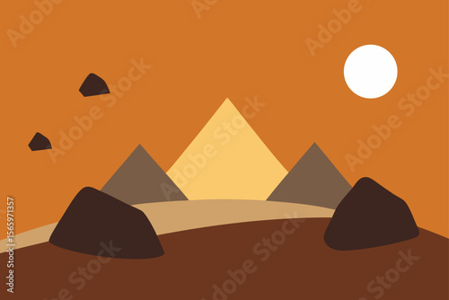 Vibrant vector illustration of an Egyptian desert sunset with pyramids and a camel silhouette against an orange sky