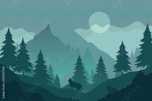 A beautiful vector illustration of a winter forest landscape with snow-covered pine trees and distant mountains, perfect for Christmas and New Year holiday designs