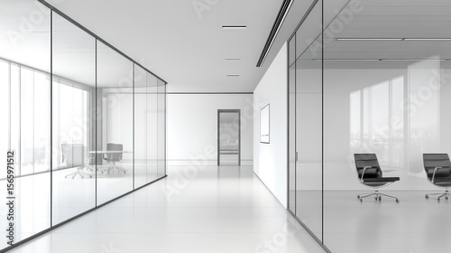 Modern  minimalist office hallway with glass partitions