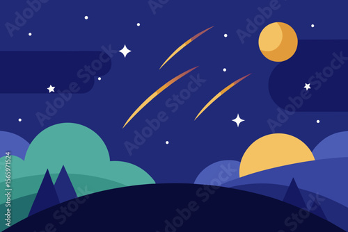 Moon and stars illuminate the dark night sky, a beautiful nature landscape