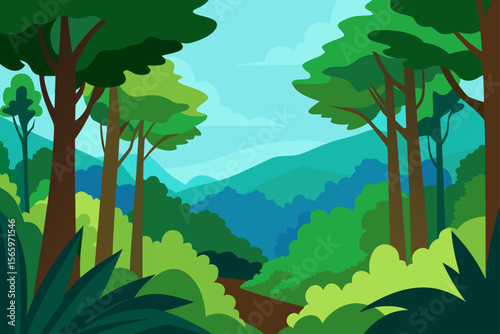 Lush green vector forest landscape with trees, mountains, and sky, perfect for a summer nature illustration